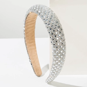 Detail of a vintage Baroque padded headband fully encrusted with silver rhinestones