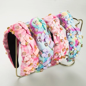 Serre-tête Noué en Tissu Tie-Dye pour Femmes Avec Strass Nœud Doux Décorations Florales Accessoires de Cheveux Mode Cadeau de la Saint-Valentin