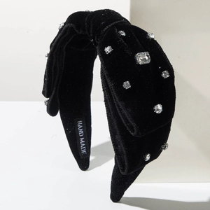 Elegante cerchietto a nodo in velluto nero con strass per donna, stile artigianale