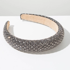 Macro shot of padded baroque headband with square grey rhinestones and suede lining