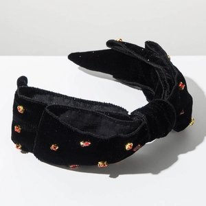 Cerchietto vintage in velluto nero con grande fiocco e cristalli rossi scintillanti decorativi