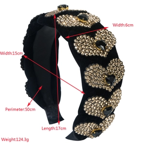 Cerchietto barocco in velluto nero con strass e indicazione delle dimensioni