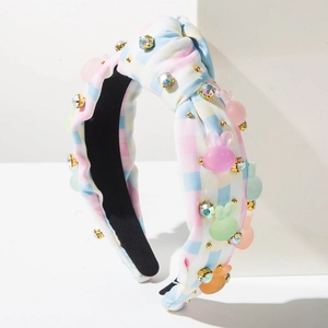 Easter Rabbit Headband Rhinestone Artificial Pearl Carrot Decor Plaid Fabric Knotted Hair Band Women Festive Party Fashion Accessory