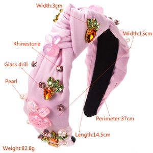 Pink fabric knot headband with Easter bunny motifs, rhinestones, pearls and sequins