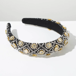 Détails du serre-tête baroque de luxe avec cristaux et fleurs dorées sur velours noir