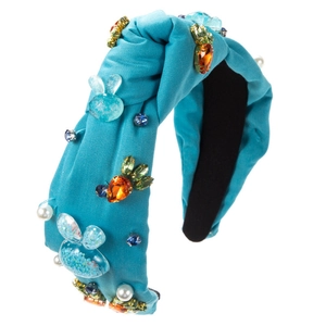 Blue knotted headband with Easter bunny sequins, carrot crystals and white pearls