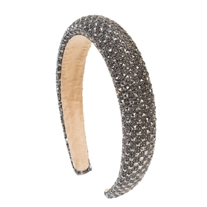 Baroque style headband with dark grey crystals and soft suede lining on white background