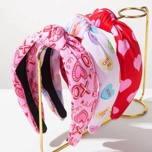 Valentine's Day Heart Pattern Print Knotted Headband For Women Wide Brim Sweet High Cranial Top Fabric Hairband Inlaid Rhinestone Accessories