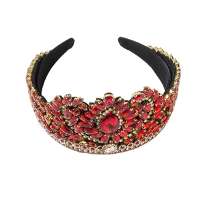 Baroque red crystal crown headband with gold plating and sparkling rhinestones