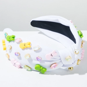 Detail of Easter headband featuring cute resin bunnies and sparkling crystal rhinestones