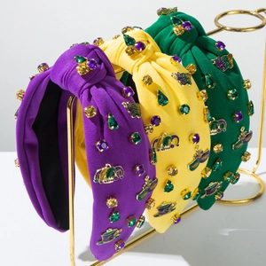 Mardi Gras Knotted Headband For Women Vintage Alloy Rhinestone Knitted Hair Band With Enamel Mask Crown Charms Party Accessory