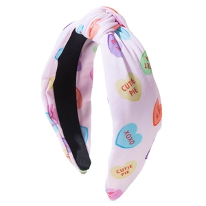 Pink wide knotted headband with colorful heart prints and sweet English romantic quotes