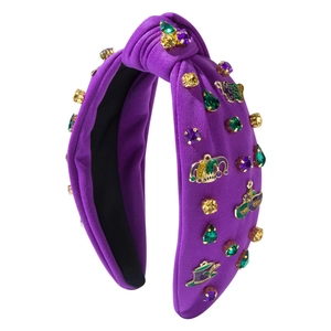 Purple Mardi Gras headband with green gold rhinestones and festive enamel charms