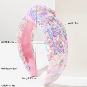 Detailed size and weight chart for the sequined knotted headband with rainbow glitters