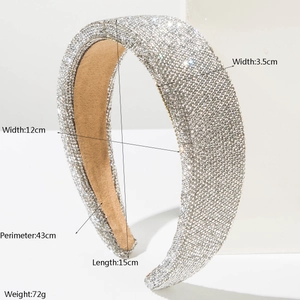 Detailed view of silver rhinestone headband with measurements 12cm width and 72g weight