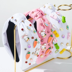 Easter Rabbit Carrot Rhinestone Knotted Wide Headband Sweet Fabric Hairband Crystal Bunny Charms Holiday Hair Accessories