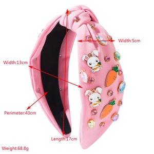 Pink knotted Easter headband with cute bunny, carrot patches and colorful rhinestones
