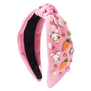 Pink knotted Easter headband with rhinestone bunny and carrot charms for women