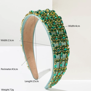 Green crystal baroque headband with luxury emerald rhinestones on light blue fabric base