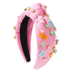 Serre-tête de Pâques noué rose avec strass colorés et breloques de lapin mignonnes