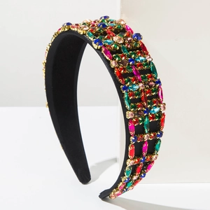 Elegant Baroque headband with colorful rhinestones and gold settings on black velvet fabric