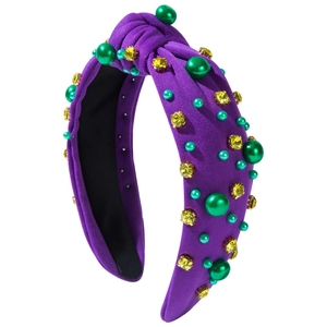 Serre-tête violet noué avec perles vertes et strass jaunes sur fond blanc élégant