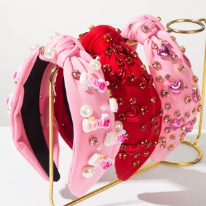Damen Valentinstag Knoten Breites Stirnband Süßes Herz Strass Künstliche Perle Love Buchstabe Stoff Haarrand Mode Haarschmuck