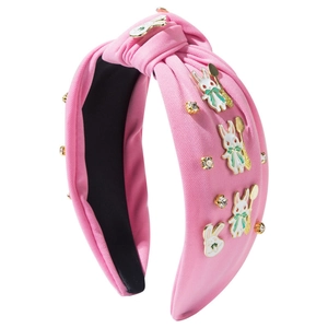 Serre-tête rose noué avec breloques lapins et strass brillants pour Pâques