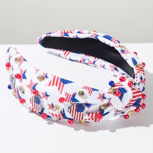 Detail of USA flag themed knotted headband with red blue beads and heart American icons