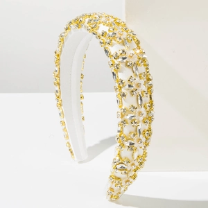 Elegant white floral sponge headband with sparkling rhinestones and gold base for party