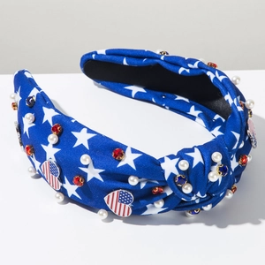 Detail of knotted headband with American flag stars, pearls, and red blue rhinestones