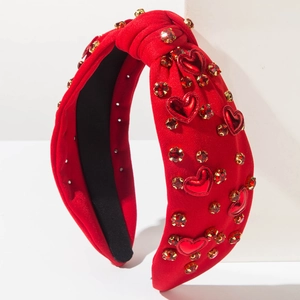 Roter gestrickter Haarreif mit Knotendesign, verzierten Herz-Patches und Strasssteinen