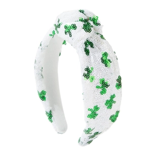 St. Patrick's Day wide knotted headband with white sequins and green shamrock patterns