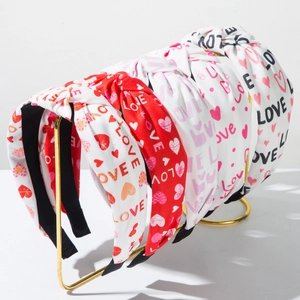Valentine's Day Heart LOVE Print Knotted Wide Fabric Headband Sweet Romantic Festival Hair Accessories For Women