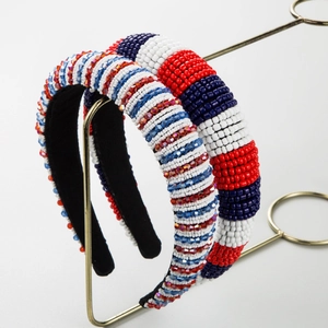 Serre-tête Perlé Fait Main Rayures Rouge Blanc Bleu Strass Éponge Rembourré Accessoires de Coiffure Jour de l'Indépendance Femme