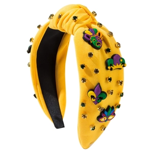 Serre-tête noué jaune avec strass Mardi Gras, breloques couronne et masque pour fête