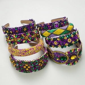 Luxury Baroque headband set with purple, green and gold crystals for Mardi Gras party