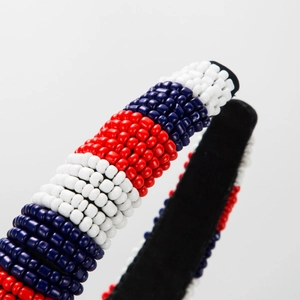 Serre-tête perlé fait main rouge blanc bleu avec motif à rayures et base en éponge douce