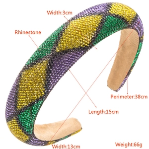 Baroque style padded rhinestone headband with colorful diamond lattice pattern and measurements
