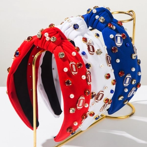 Women Independence Day Football Knotted Headband Fashion Red White Blue Fabric Wide Artificial Pearl Rhinestone Sports Game Day Hairband