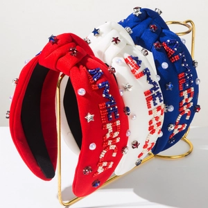 Serre-tête Noué Perla Artificialge Lettre America Jour de l'Indépendance Patriotique Rouge Blanc Bleu Strass Étoile Künstliche Perle Bandeau pour Cheveux Femme