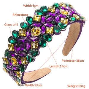 Baroque multicolor crystal headband with emerald and yellow rhinestones on purple base