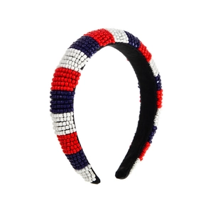 Serre-tête tressé fait main avec perles rouges blanches et bleues au design rétro vintage