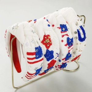 Serre-tête Noué à Perles Drapeau Américain pour Femmes Patriotique Strass Étoile Paillettes Tissu USA Bandeau Cheveux Jour de l'Indépendance Accessoires Fête