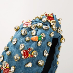 Baroque denim headband with sparkling rhinestones and red enamel rabbit charms