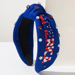 Serre-tête noué bleu avec broderie AMERICA, perles et strass étoilés pour le Jour de l'Indépendance