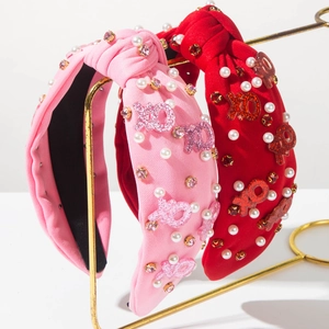 Serre-tête Large Noué Lettre XOXO pour la Saint-Valentin Avec Fausse Künstliche Perle et Strass Accessoires Cheveux Romantiques pour Femmes