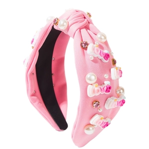 Rosa geknotetes Stirnband für Damen mit Perlen, Kristallen und LOVE-Buchstaben