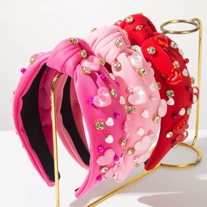 Serre-tête Nœud Cœur Saint-Valentin en Tissu avec Strass et Fausses Künstliche Perles Accessoire Cheveux Mode Douce pour Femmes Fête
