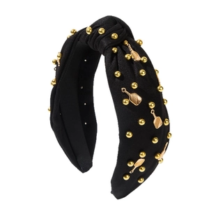 Serre-tête noué noir tendance avec perles dorées et pendentifs métalliques